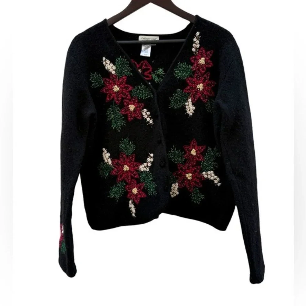 Cold‎ Water Creek Vintage Wool blend festive Cardigan Sweater Size M